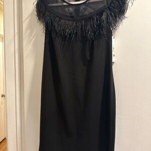 Calvin Klein Black Midi Dress with Feather-Trimmed Neckline